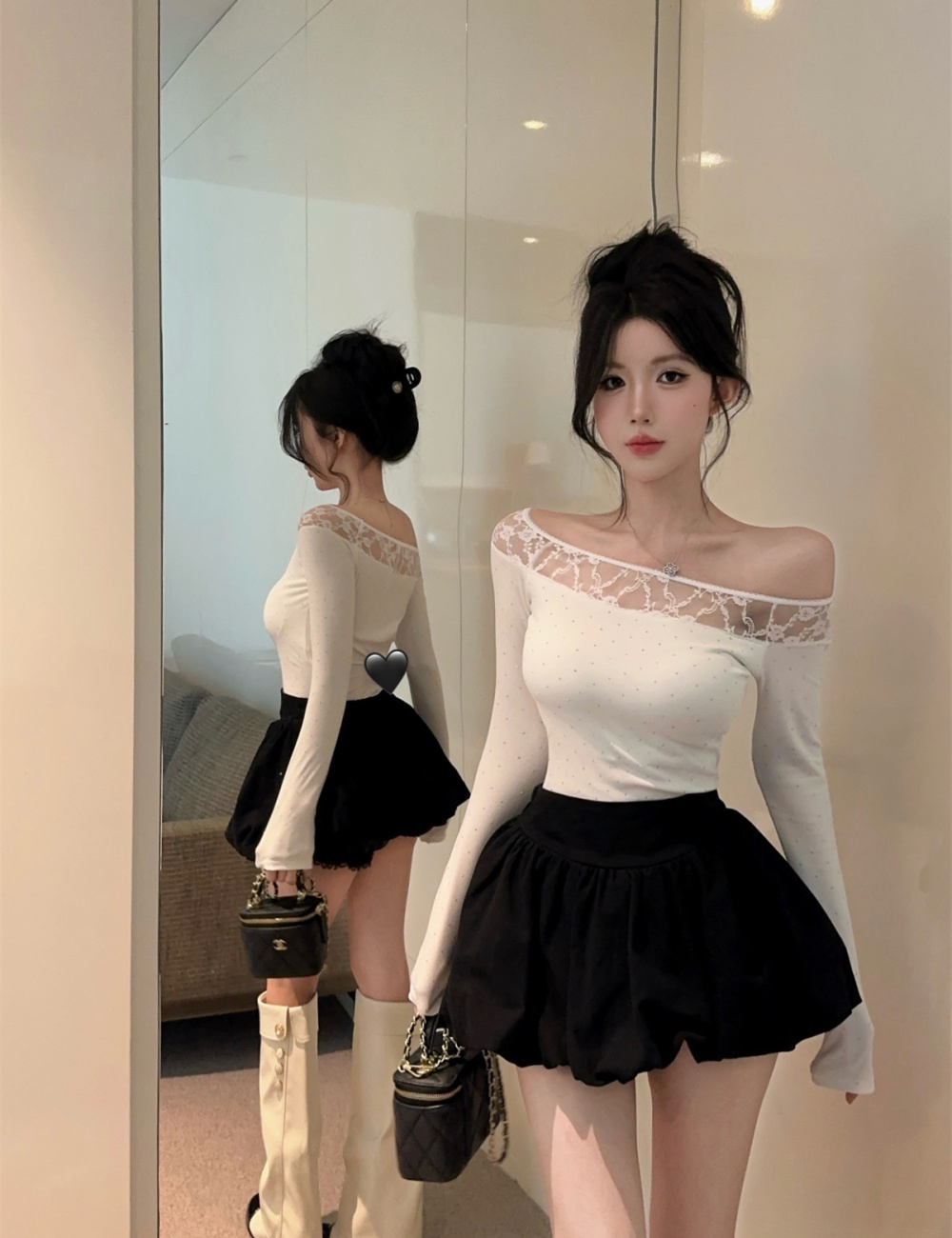 Sloping shoulder work clothing T-shirt 2pcs set for women