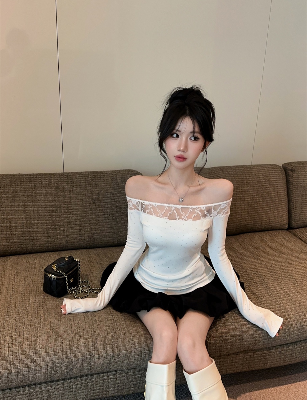 Sloping shoulder work clothing T-shirt 2pcs set for women