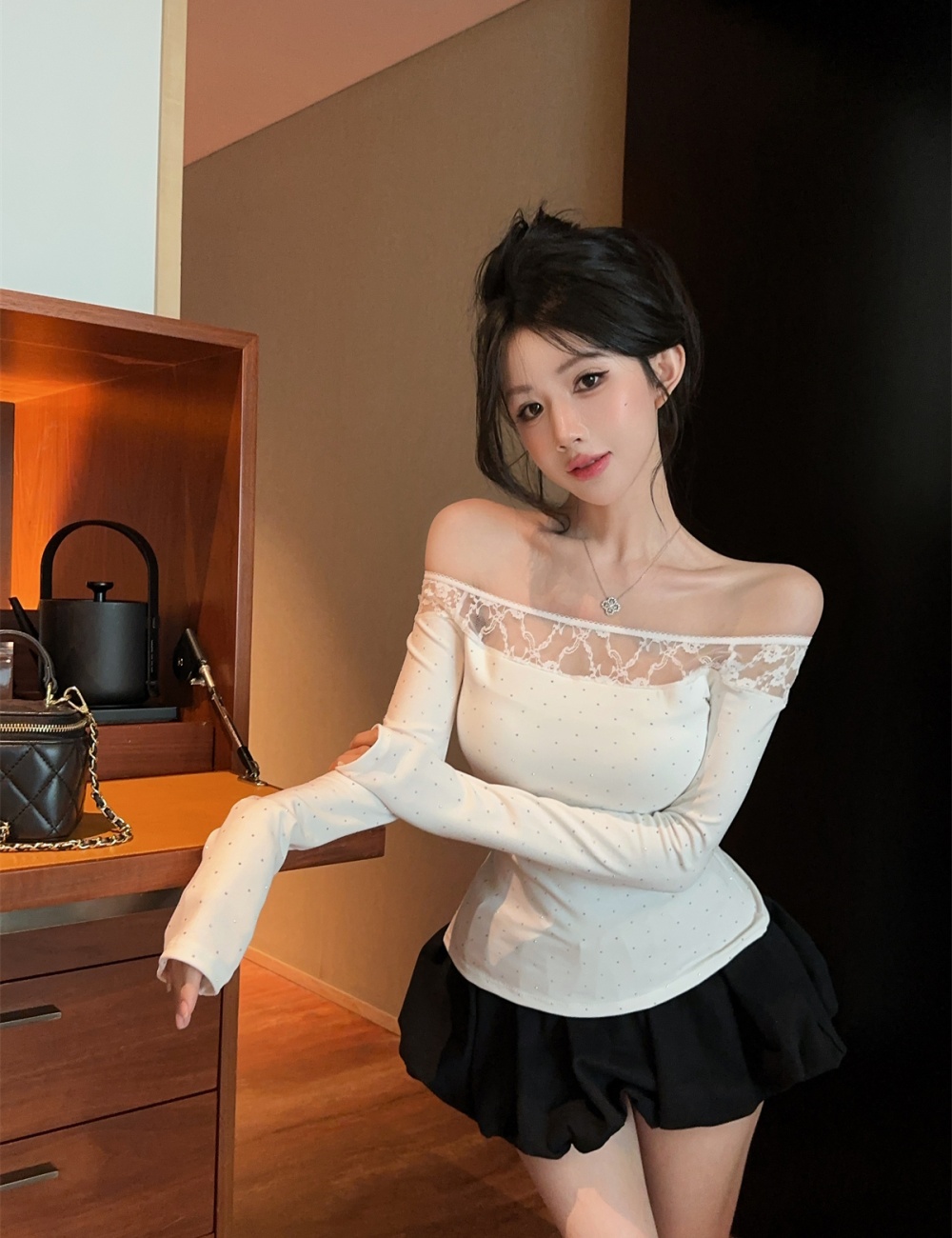 Sloping shoulder work clothing T-shirt 2pcs set for women