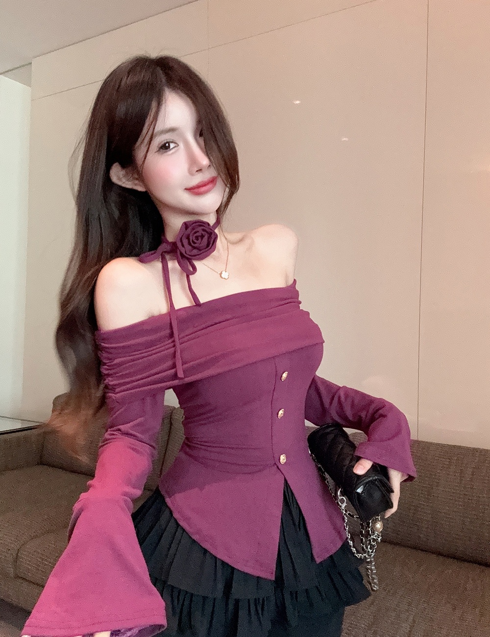 Flowers long sleeve T-shirt flat shoulder tops