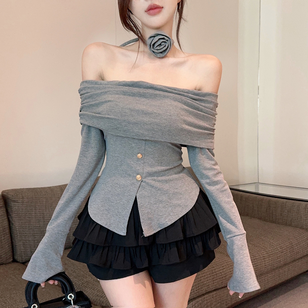 Flowers long sleeve T-shirt flat shoulder tops