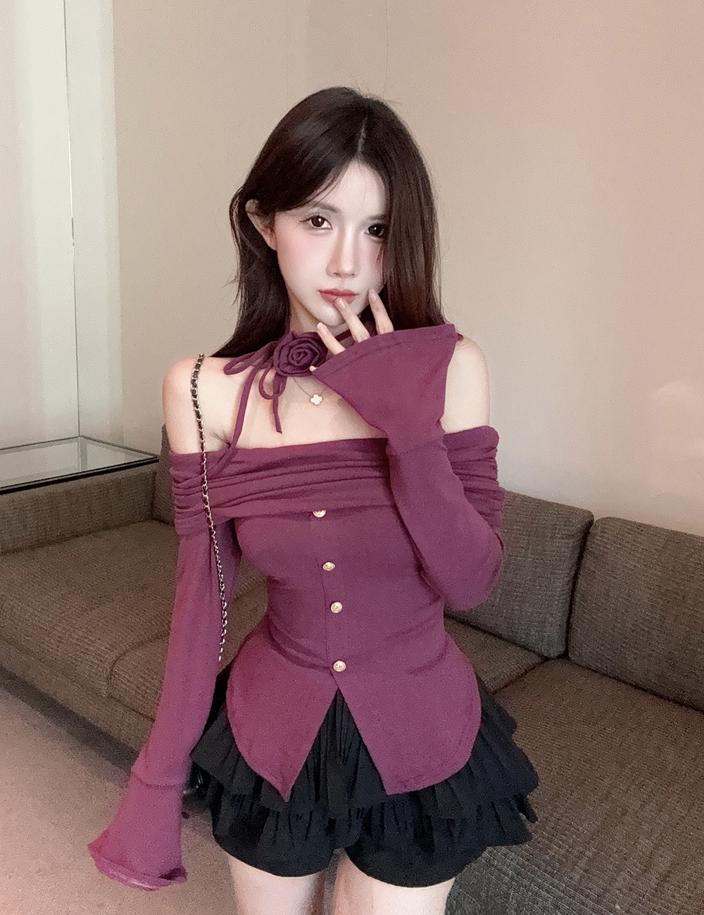 Flowers long sleeve T-shirt flat shoulder tops