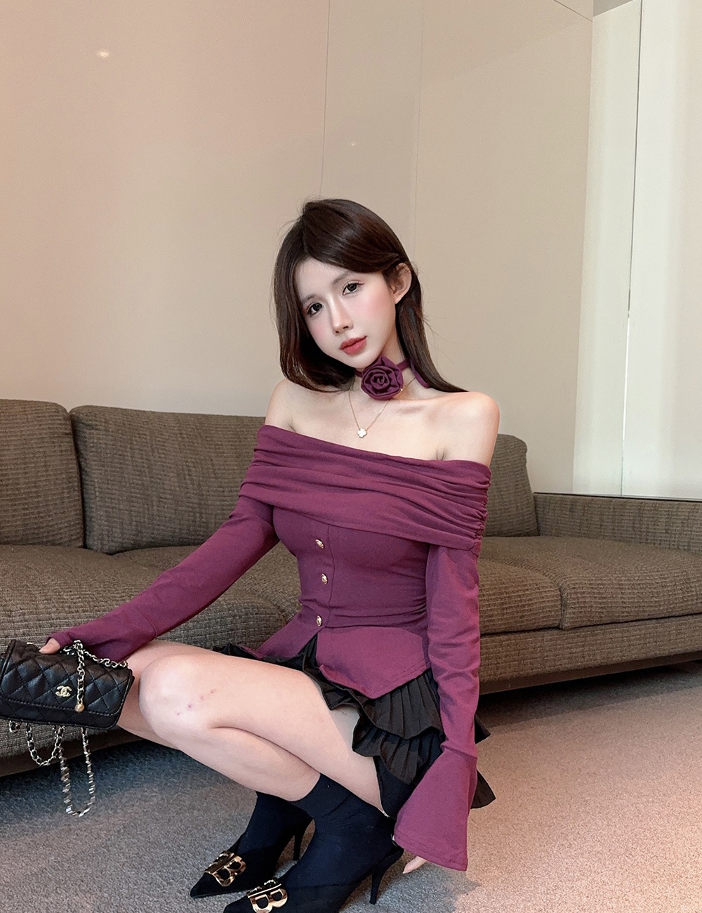 Flowers long sleeve T-shirt flat shoulder tops