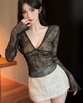Bow V-neck tops enticement embroidery short skirt a set for women