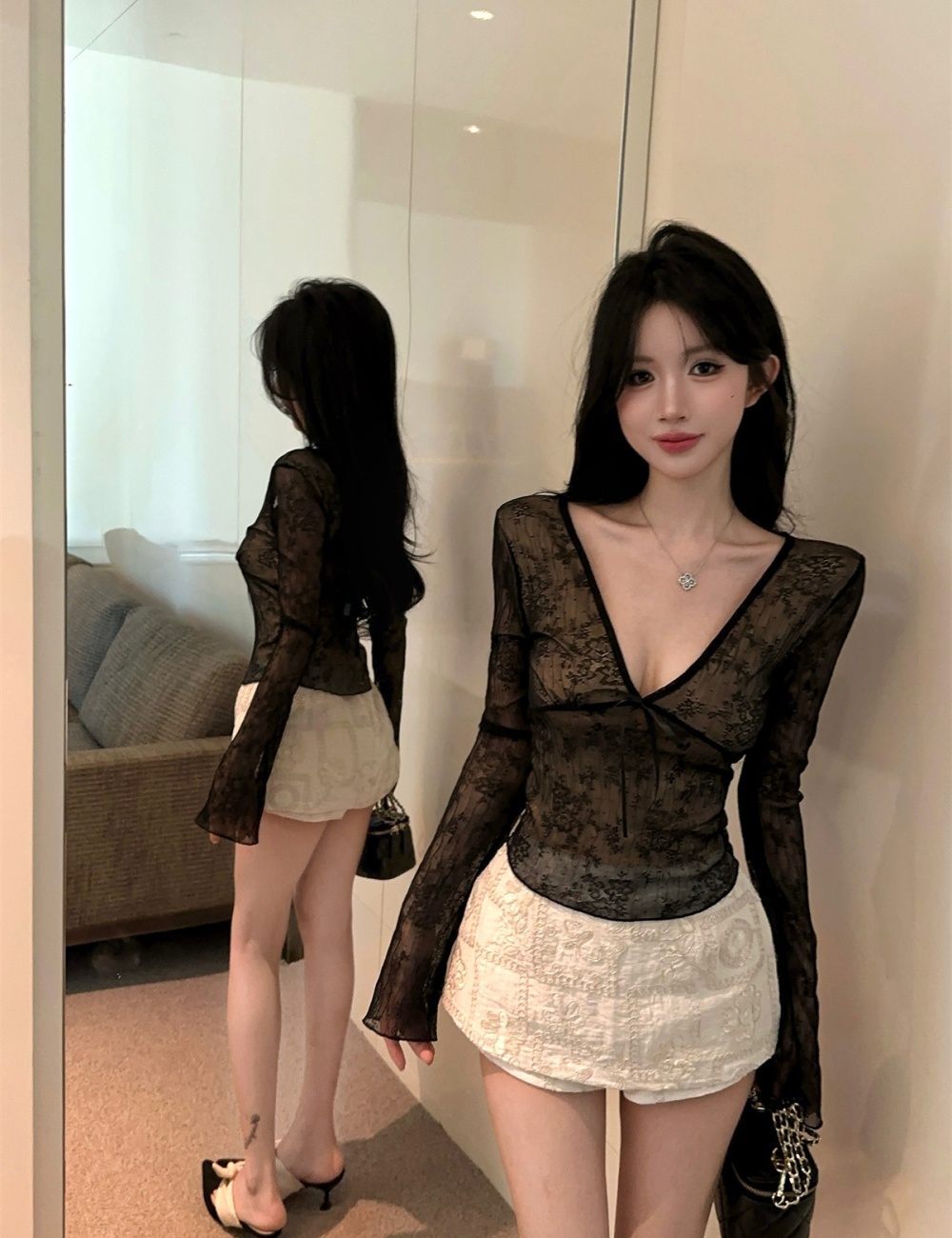 Bow V-neck tops enticement embroidery short skirt a set for women