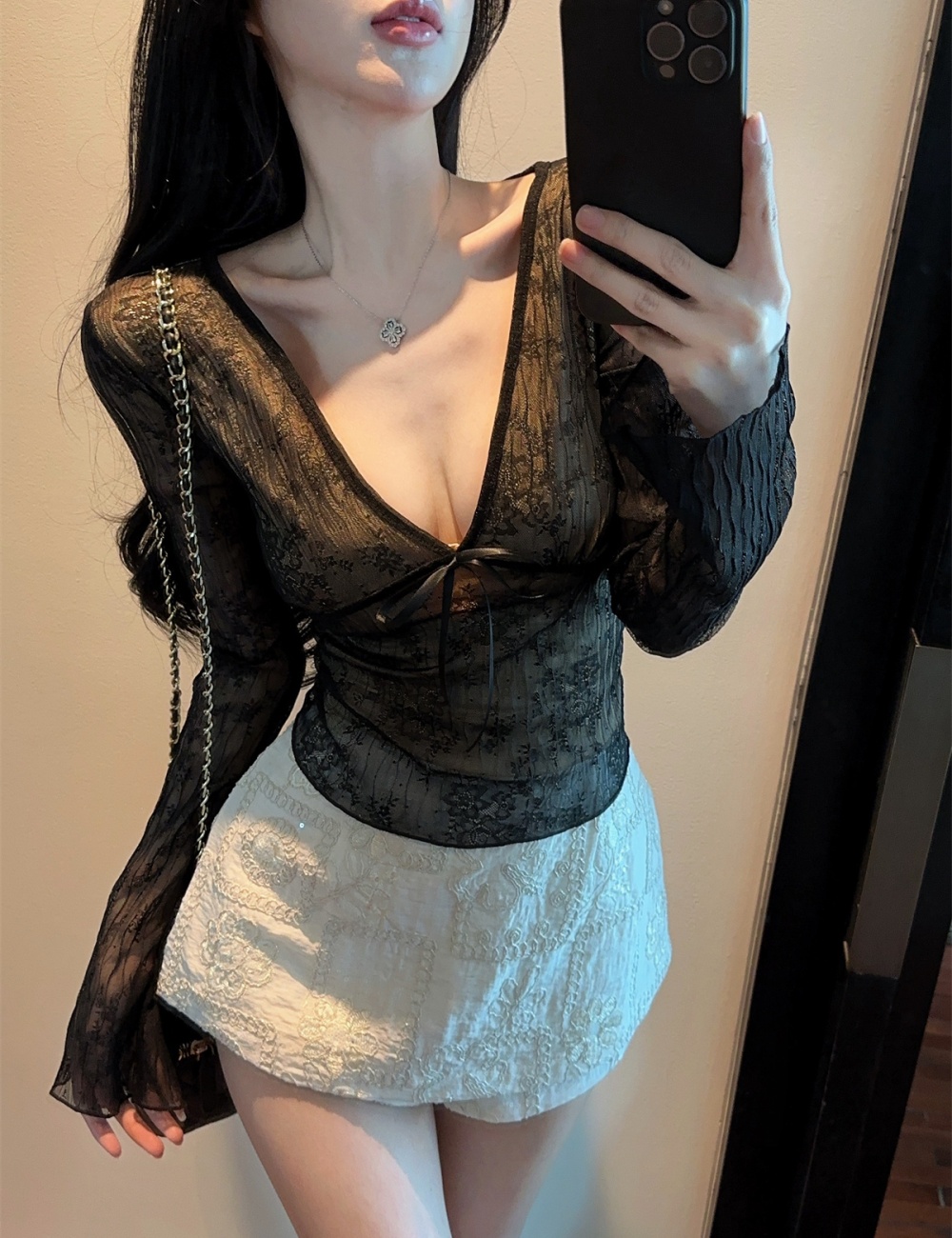 Bow V-neck tops enticement embroidery short skirt a set for women