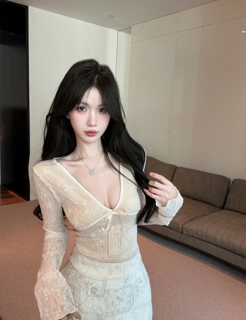 Bow V-neck tops enticement embroidery short skirt a set for women