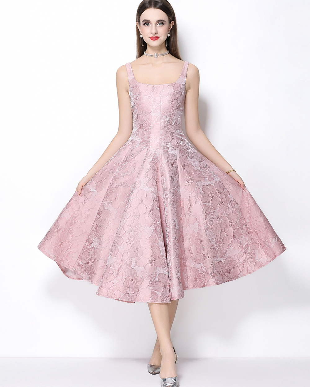 Pinched waist formal dress jacquard long dress for women