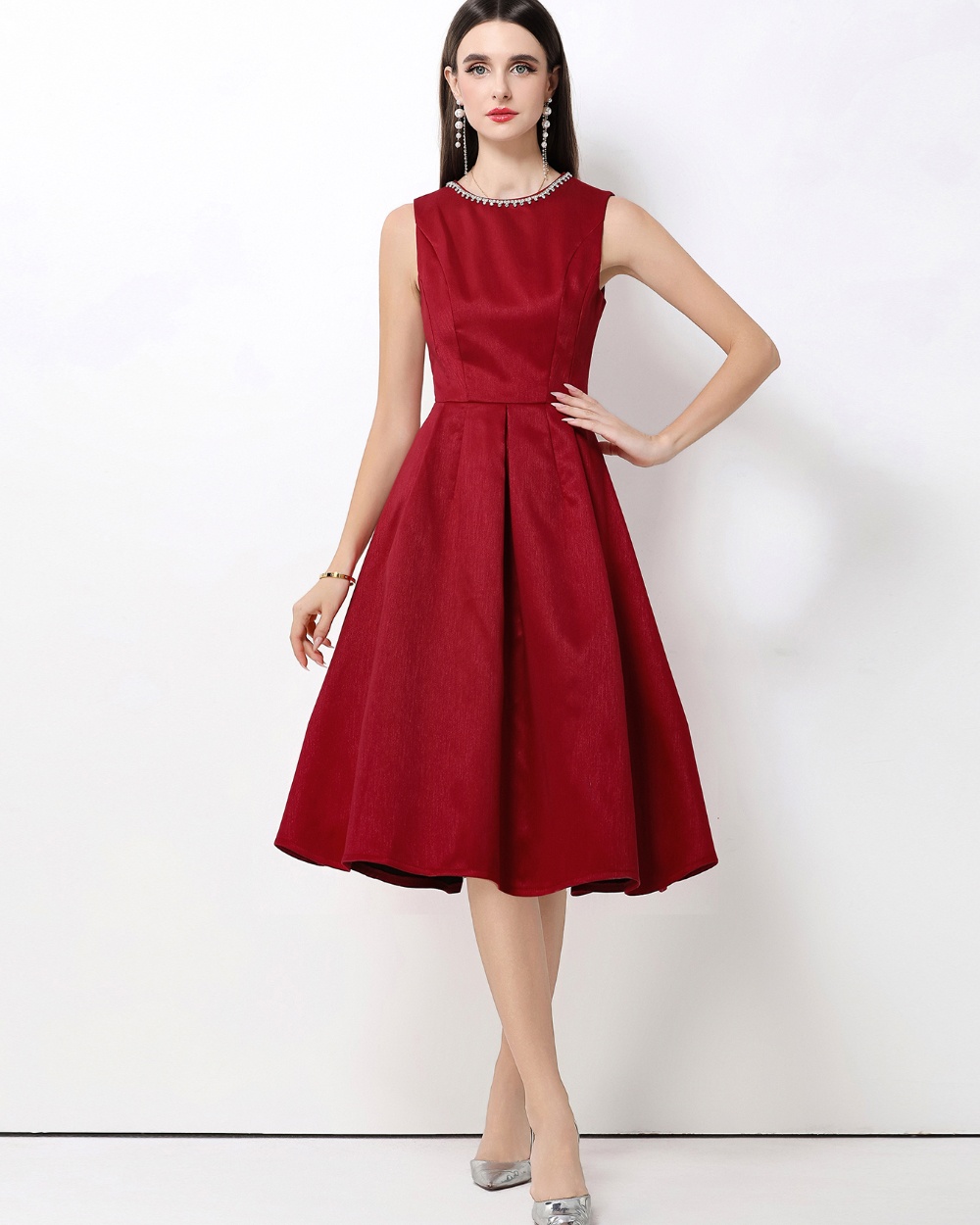 Sleeveless round neck rhinestone dress for women