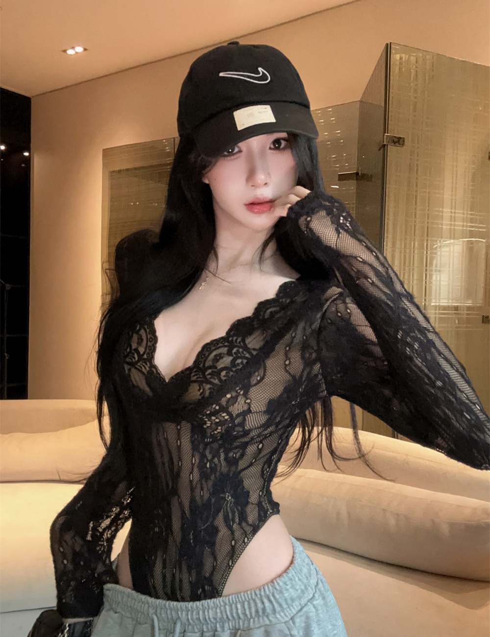 V-neck lace shirts spring enticement leotard