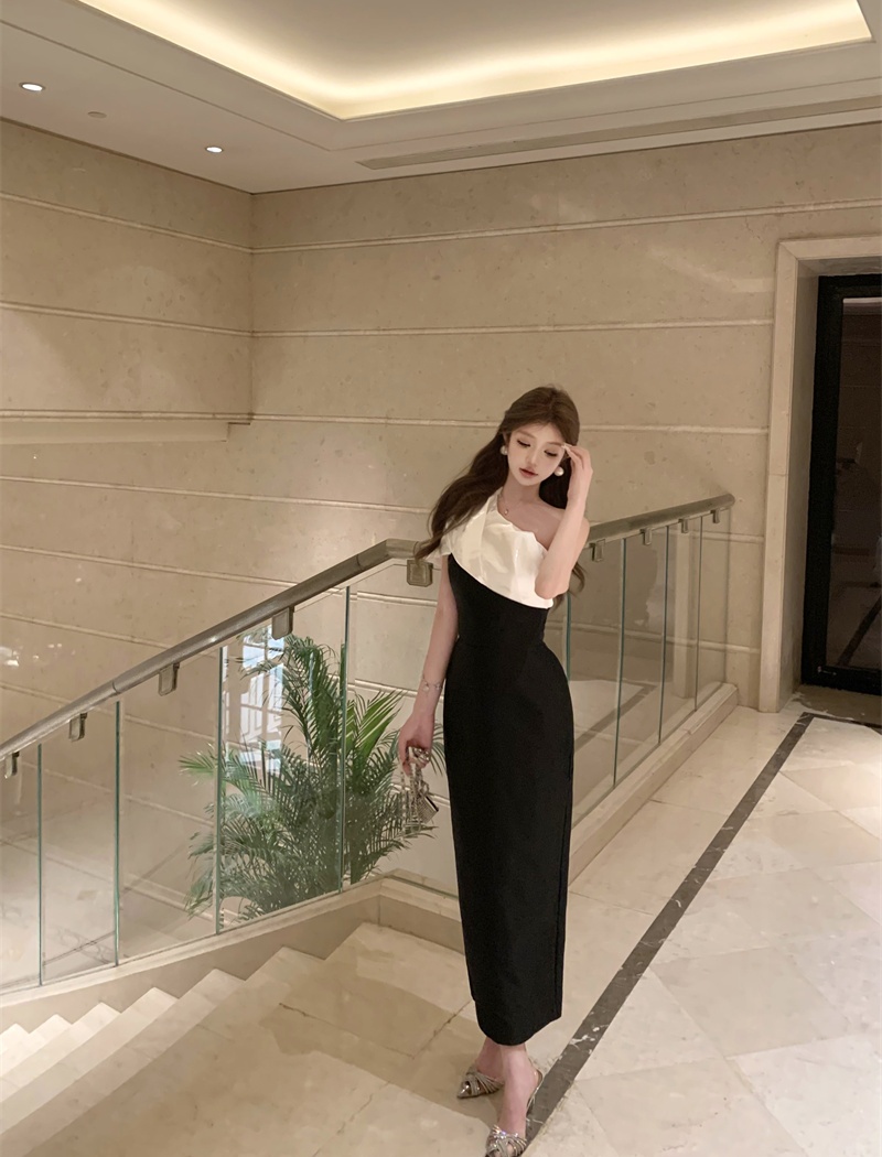 Fold splice shoulder pinched waist unique dress