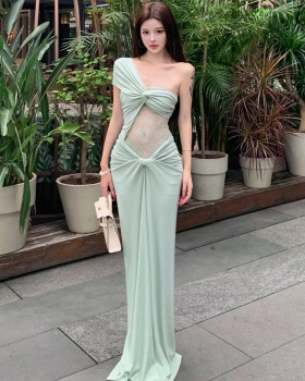 Sloping shoulder long dress France style dress for women