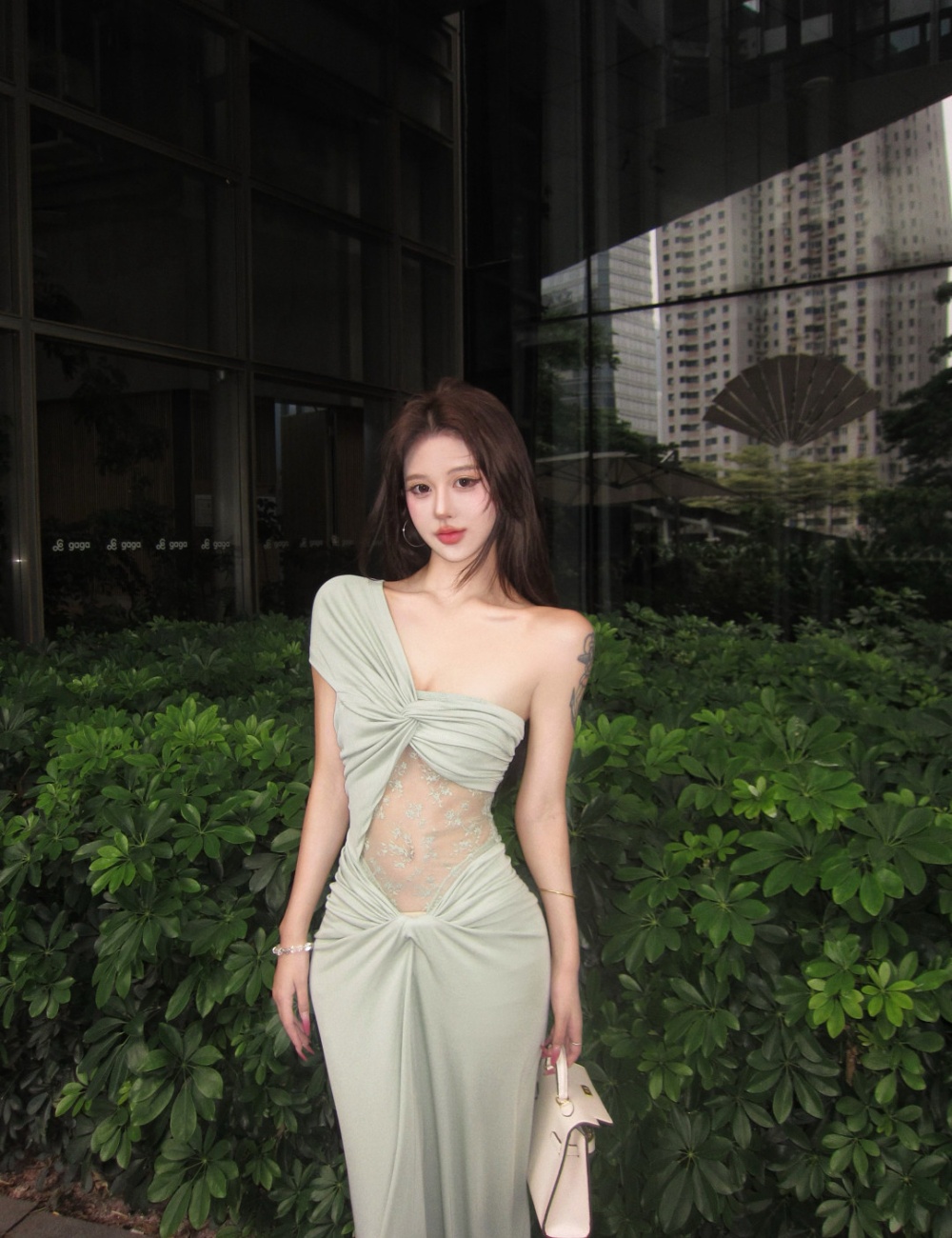 Sloping shoulder long dress France style dress for women