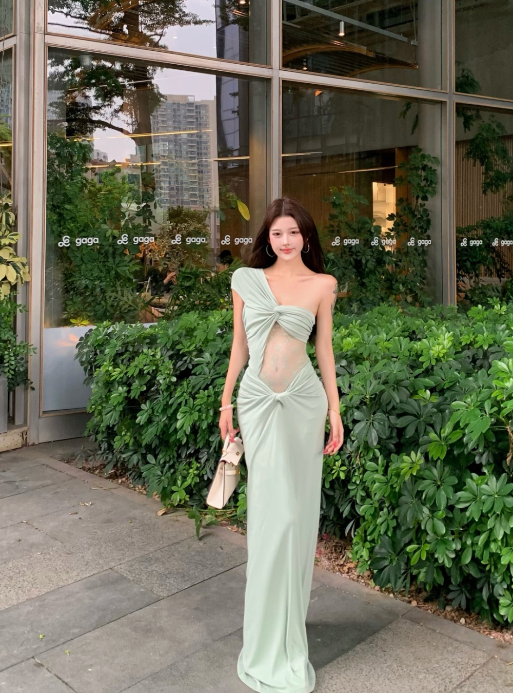 Sloping shoulder long dress France style dress for women