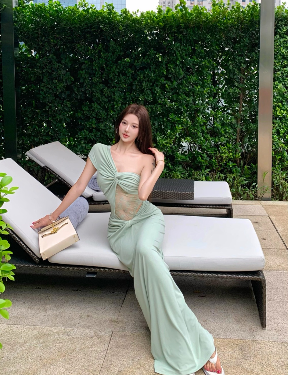 Sloping shoulder long dress France style dress for women