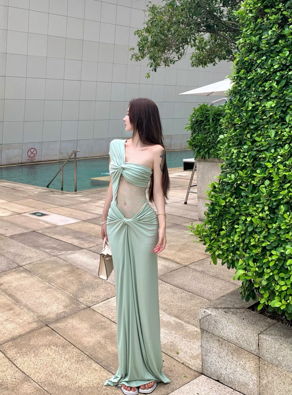 Sloping shoulder long dress France style dress for women