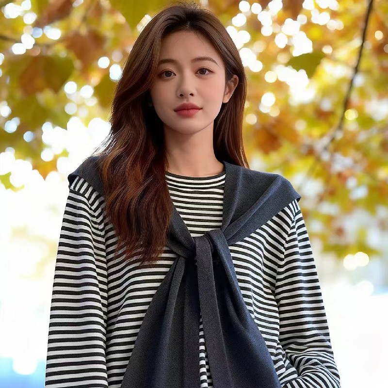 Round neck loose sweater stripe shawl