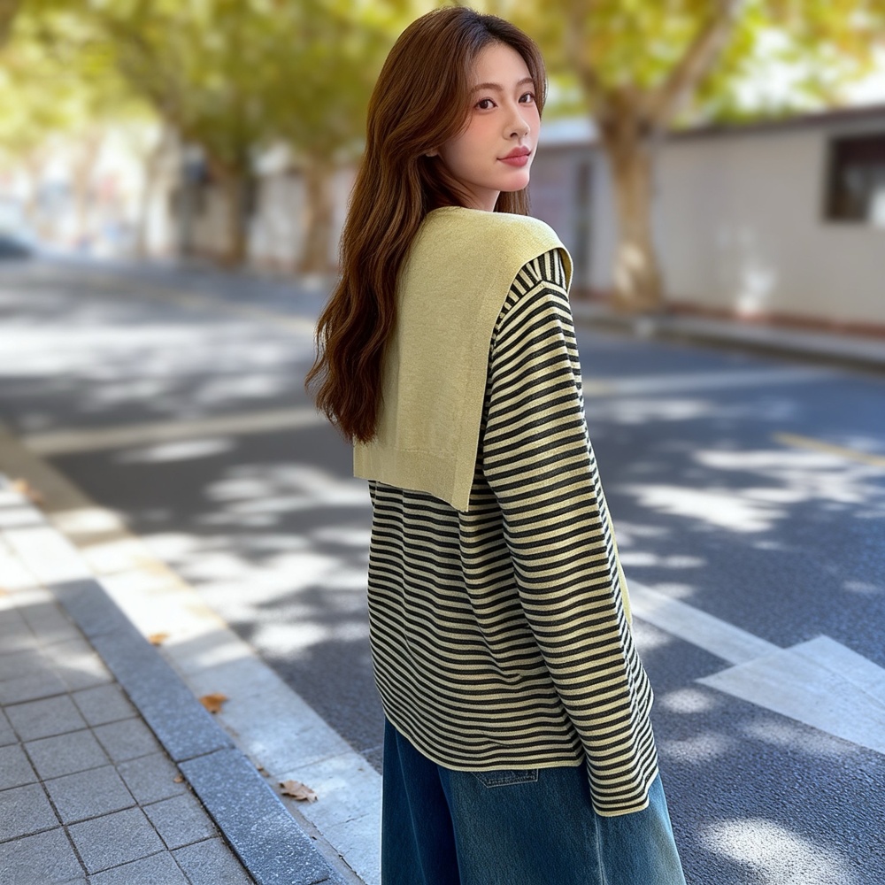 Round neck loose sweater stripe shawl