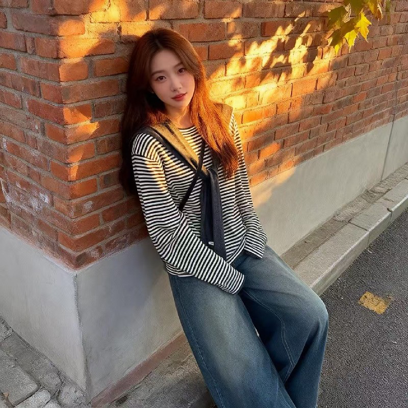 Round neck loose sweater stripe shawl