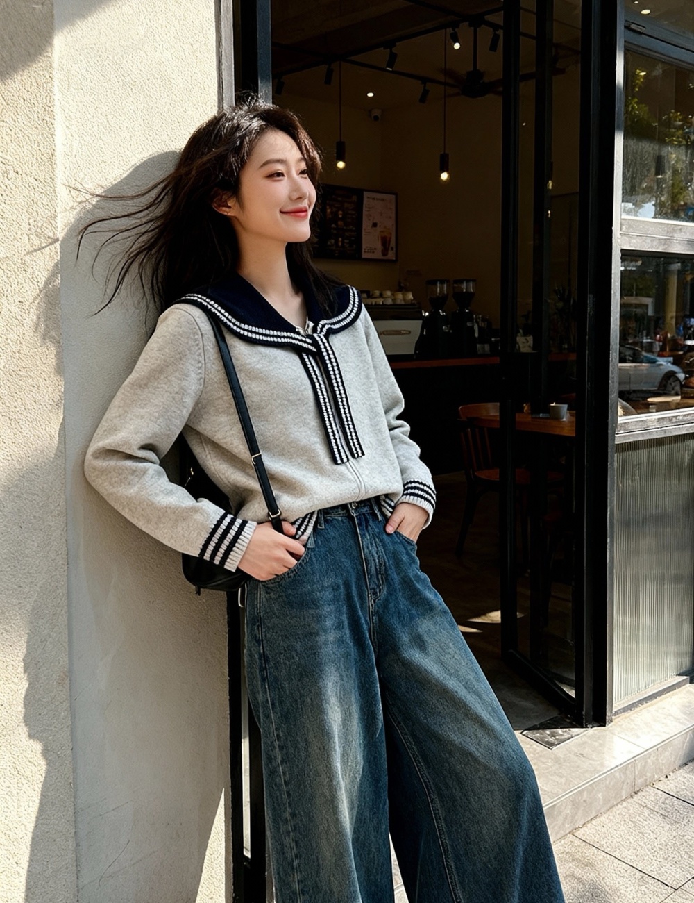 Navy collar sweater spring cardigan