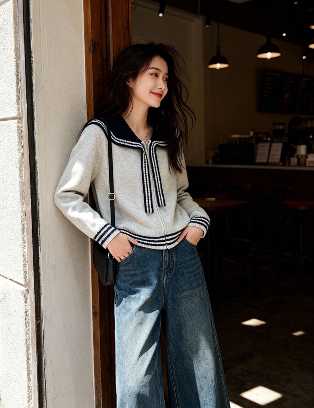 Navy collar sweater spring cardigan