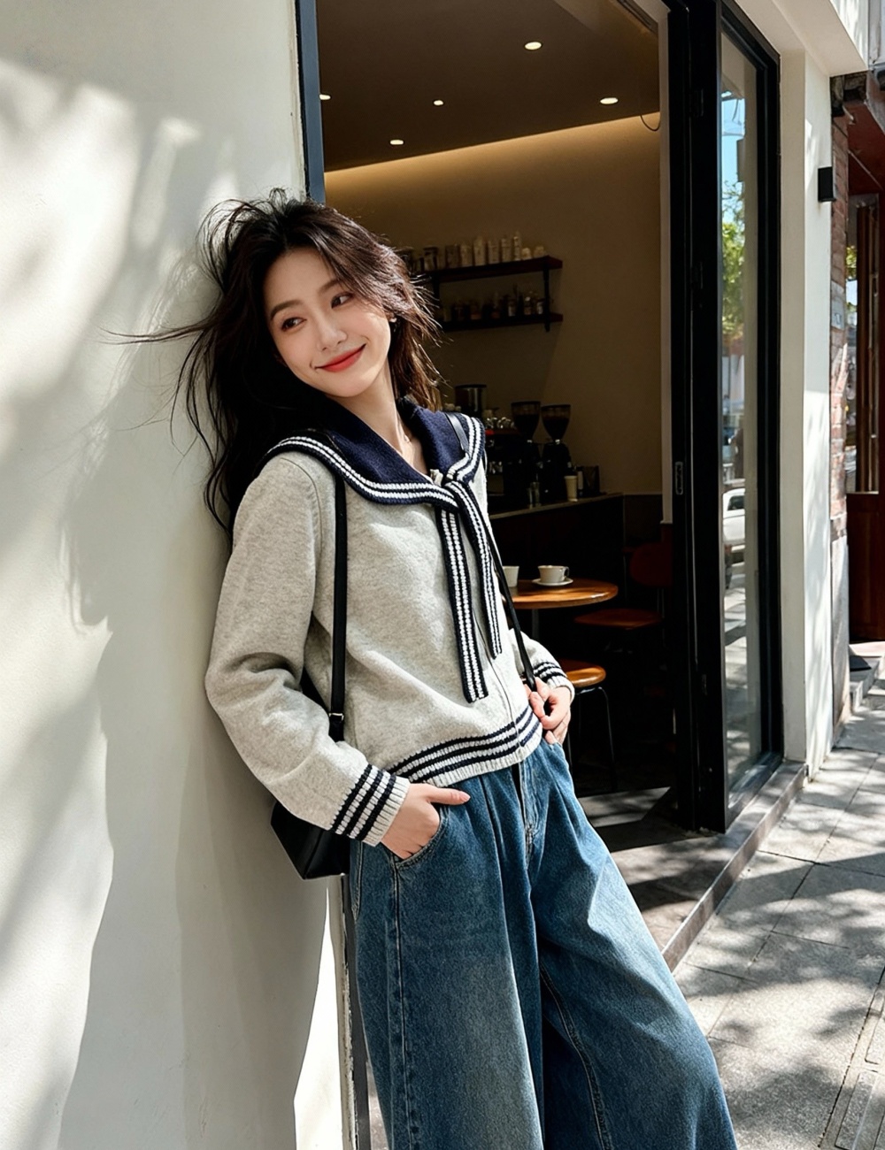 Navy collar sweater spring cardigan