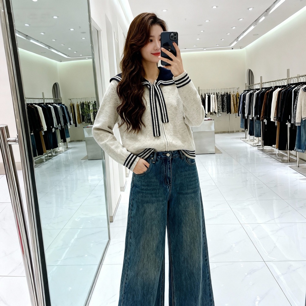 Navy collar sweater spring cardigan