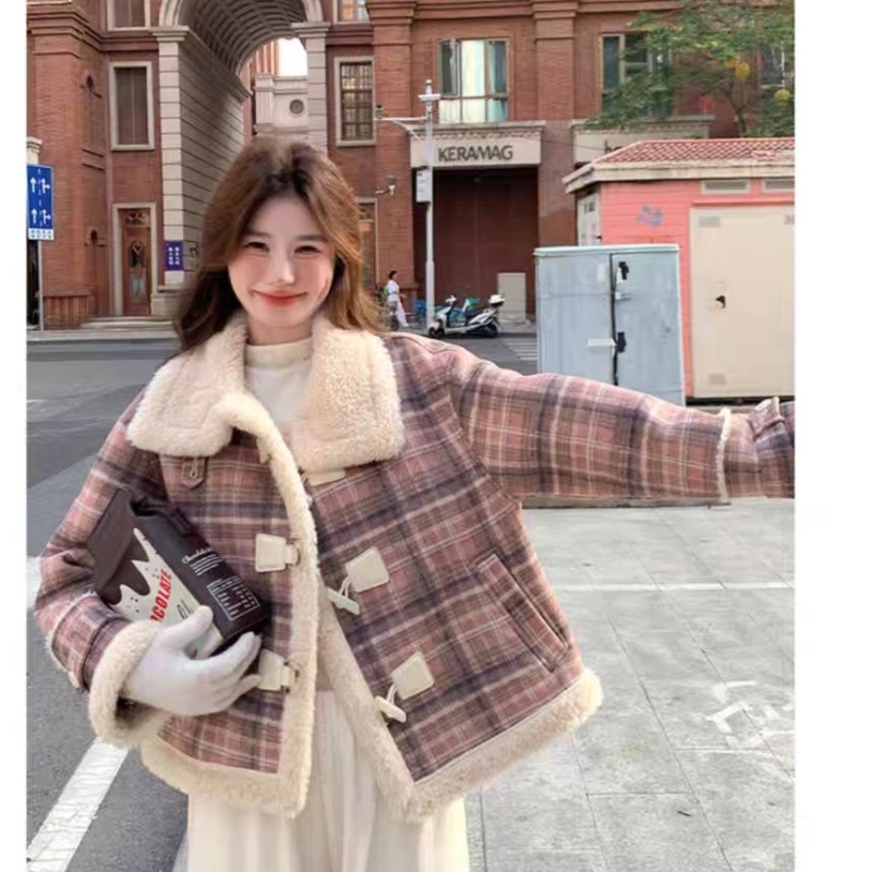 Plaid short velvet jacket winter cotton coat for women