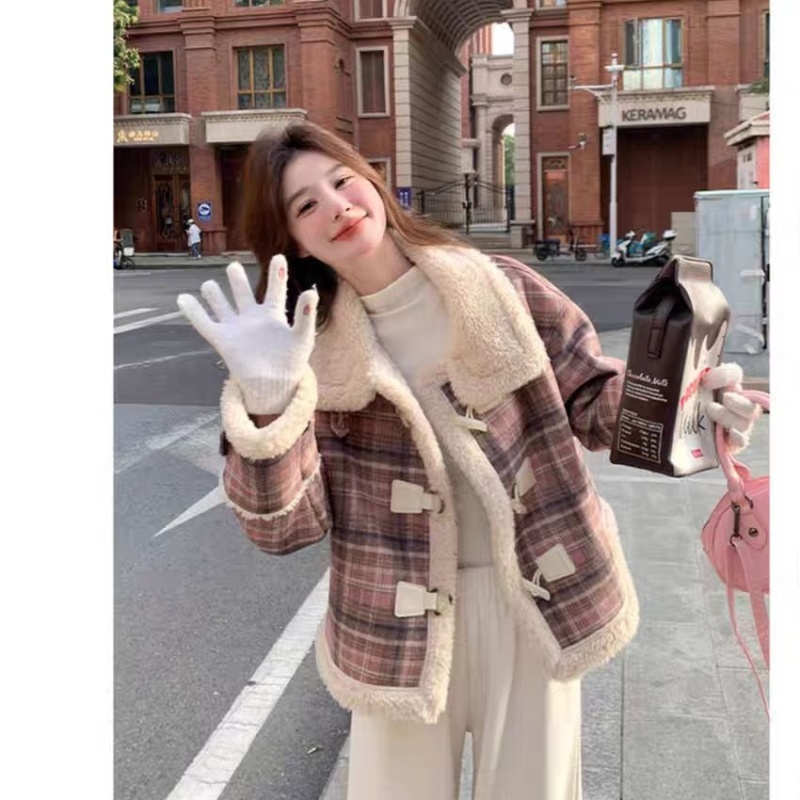 Plaid short velvet jacket winter cotton coat for women