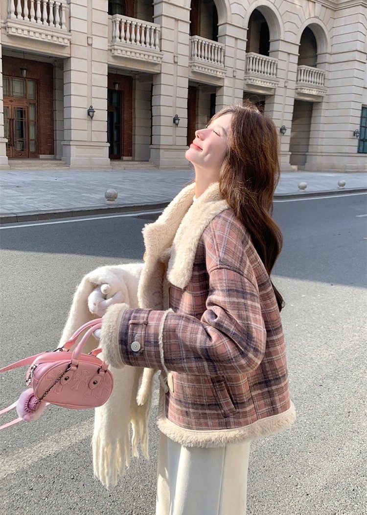 Plaid short velvet jacket winter cotton coat for women