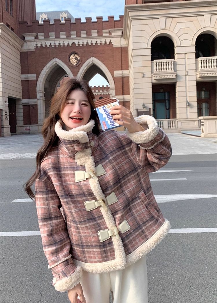 Plaid short velvet jacket winter cotton coat for women