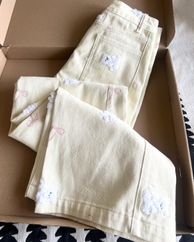 Loose slim cubs embroidery spring straight apricot jeans