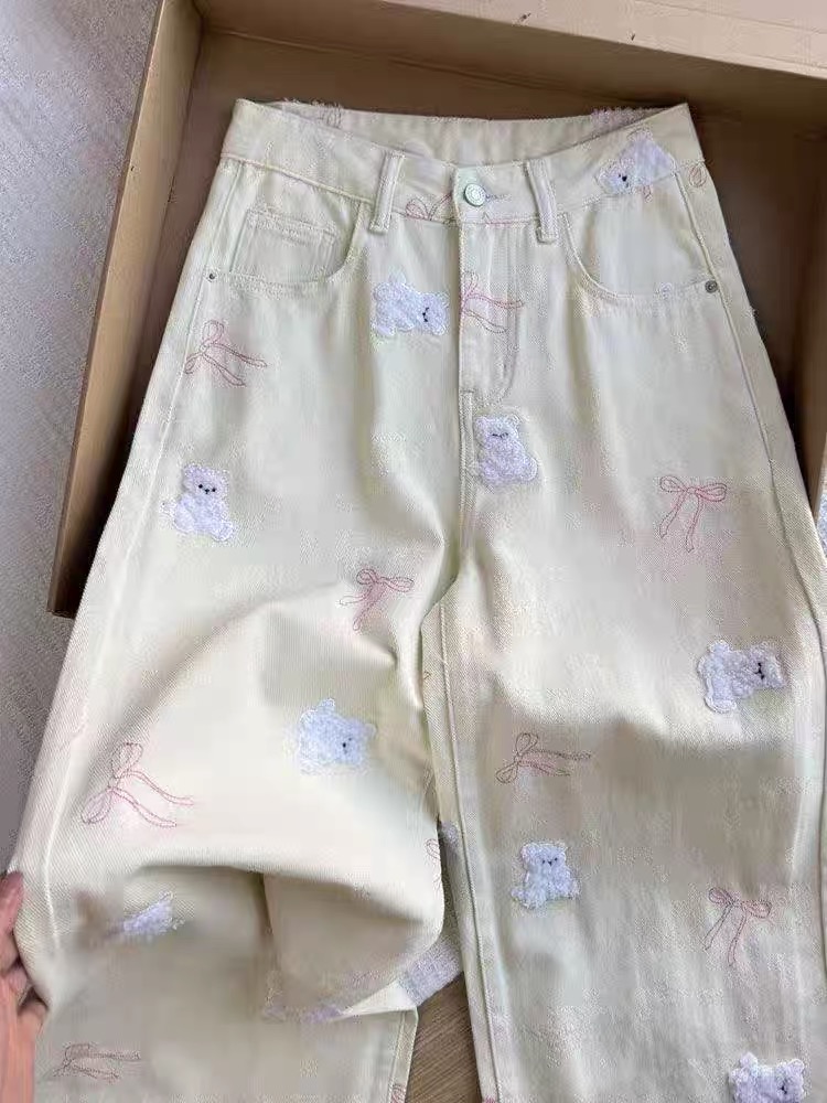 Loose slim cubs embroidery spring straight apricot jeans