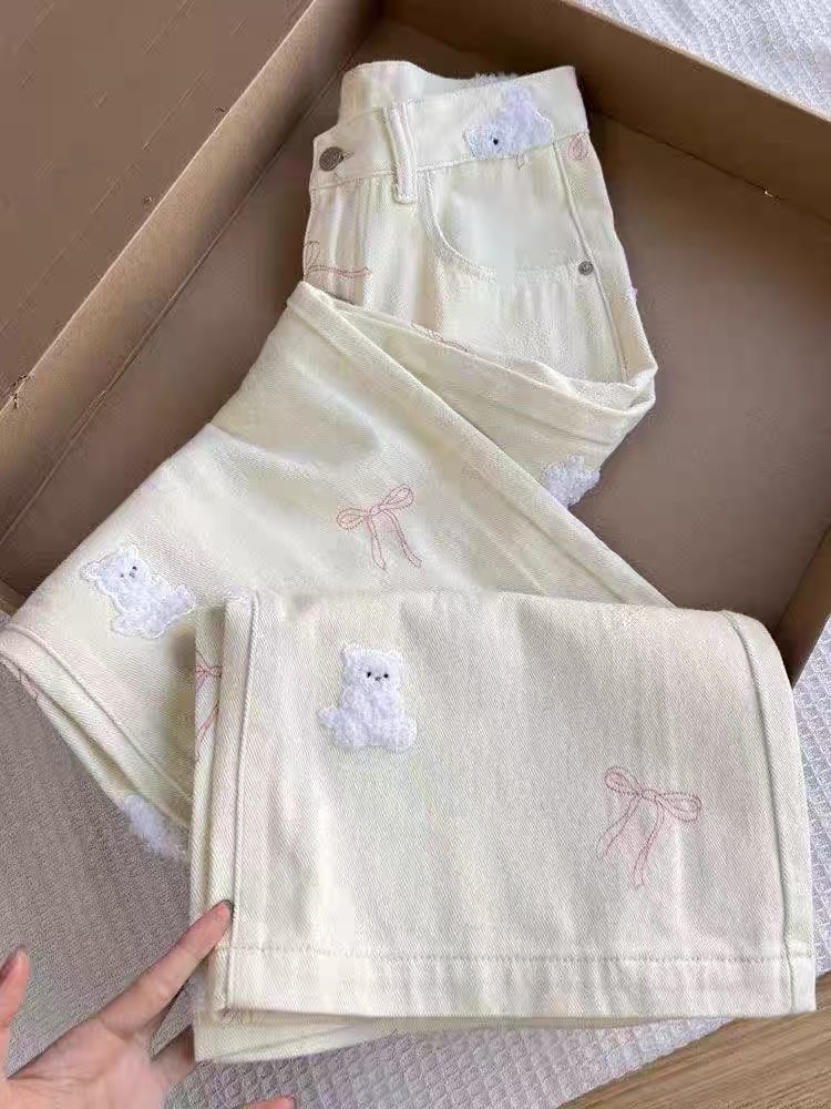 Loose slim cubs embroidery spring straight apricot jeans