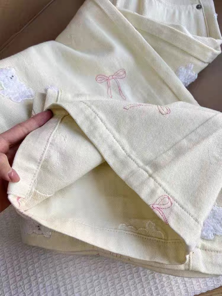 Loose slim cubs embroidery spring straight apricot jeans