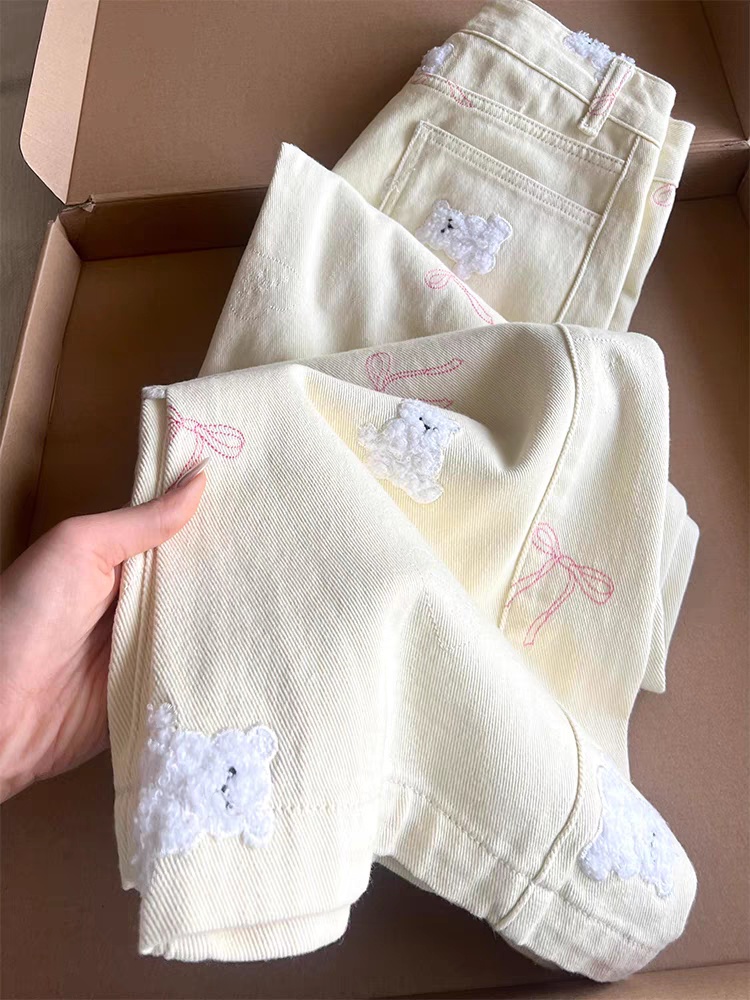 Loose slim cubs embroidery spring straight apricot jeans