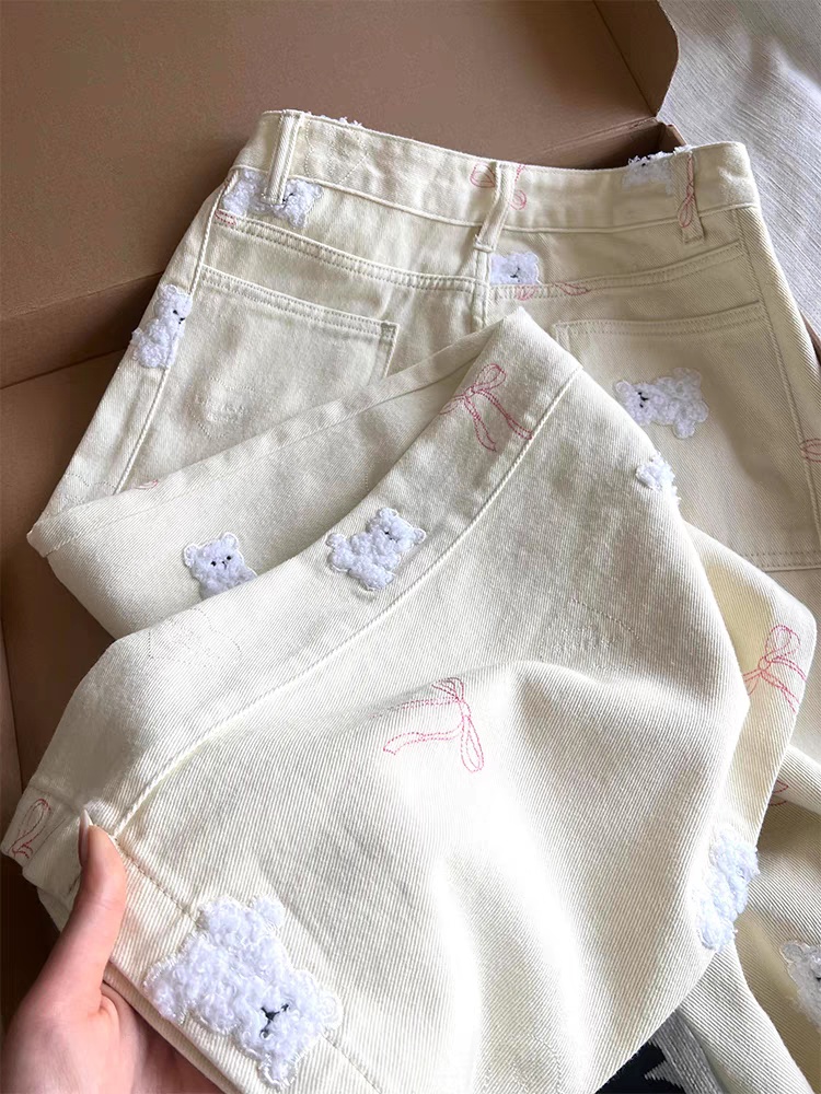 Loose slim cubs embroidery spring straight apricot jeans