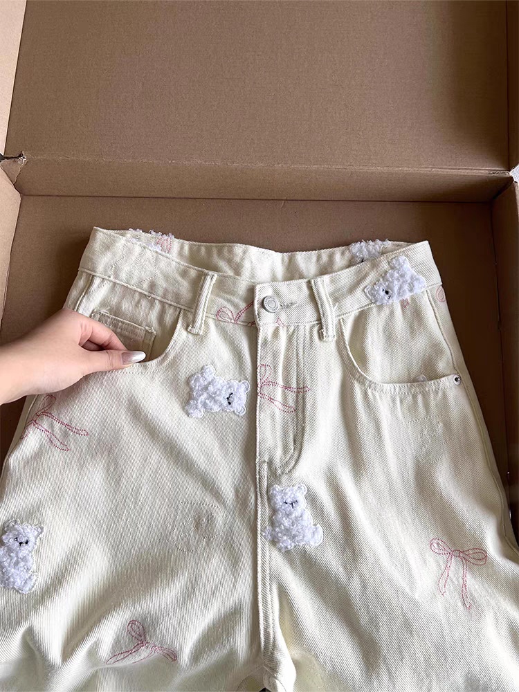 Loose slim cubs embroidery spring straight apricot jeans