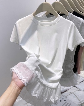 Short sleeve enticement lace ballet splice T-shirt for women