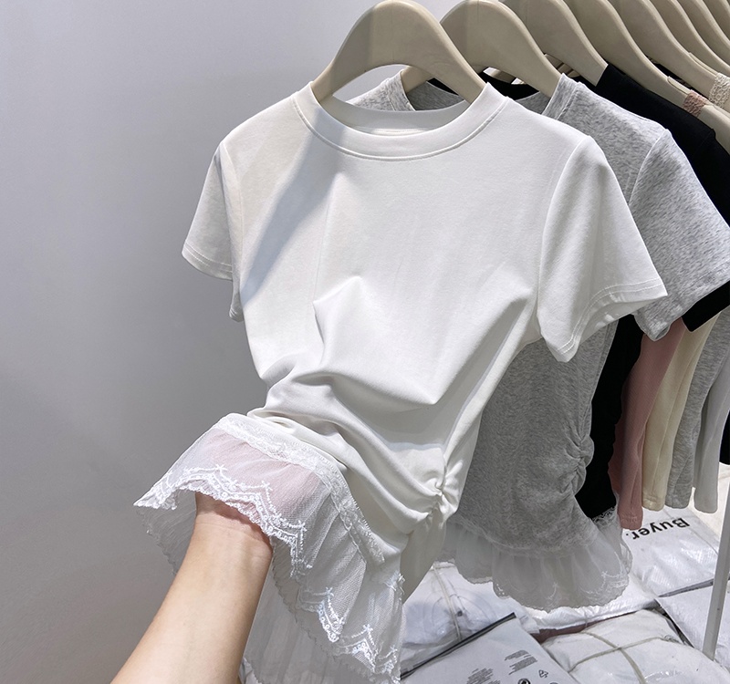 Short sleeve enticement lace ballet splice T-shirt for women
