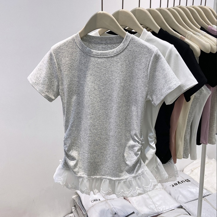Short sleeve enticement lace ballet splice T-shirt for women