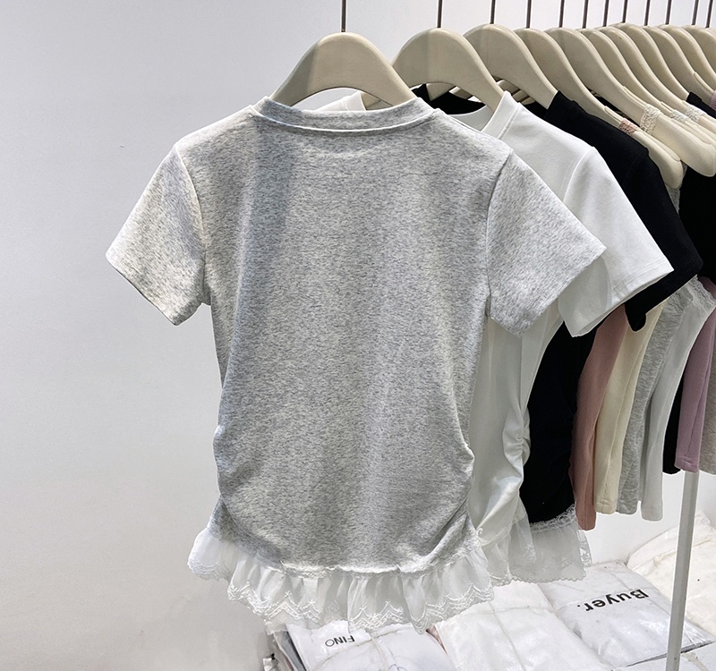 Short sleeve enticement lace ballet splice T-shirt for women