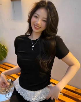 Sweet spandex slim short sleeve cotton splice T-shirt for women