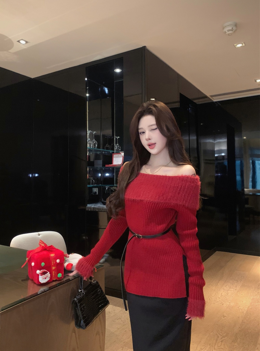 Spicegirl red sweater flat shoulder tops for women