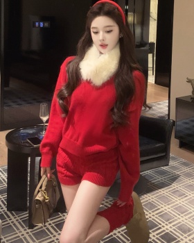 Thick twist sweater fur collar shorts 4pcs set