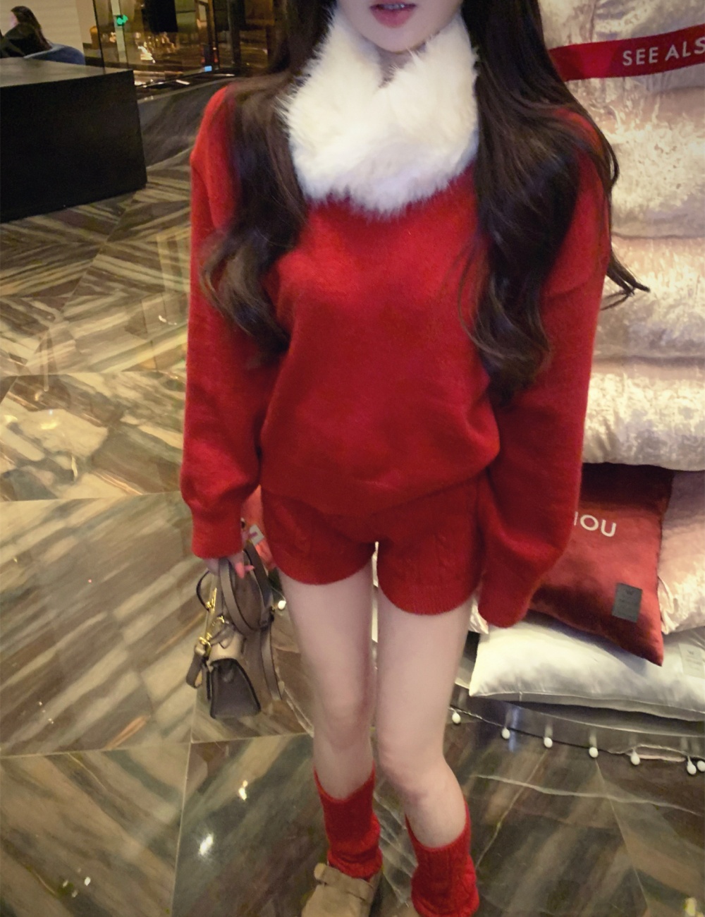Thick twist sweater fur collar shorts 4pcs set
