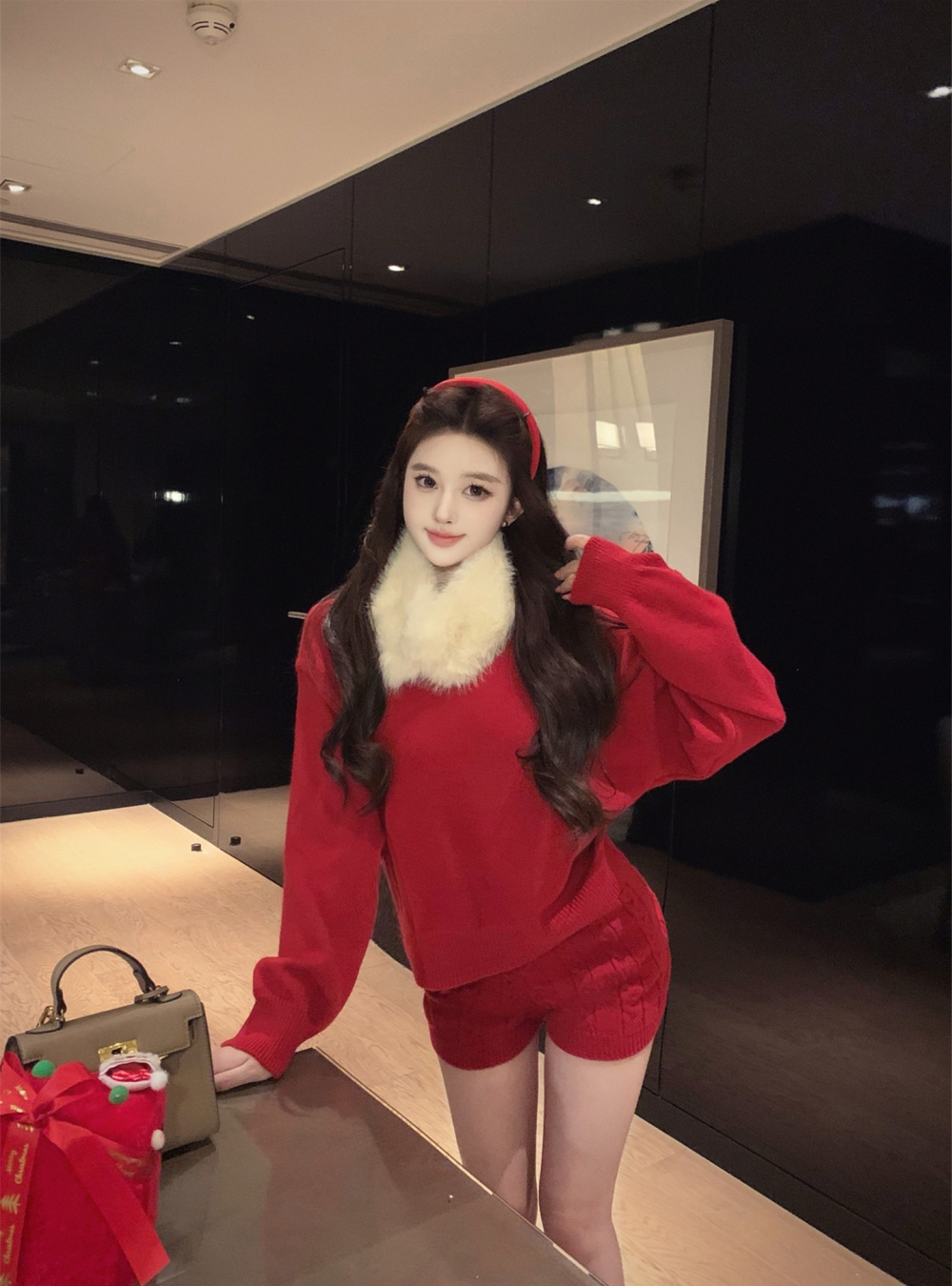 Thick twist sweater fur collar shorts 4pcs set