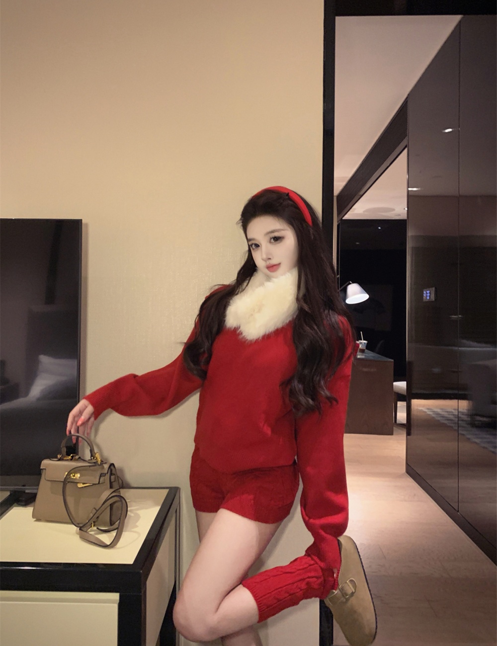 Thick twist sweater fur collar shorts 4pcs set