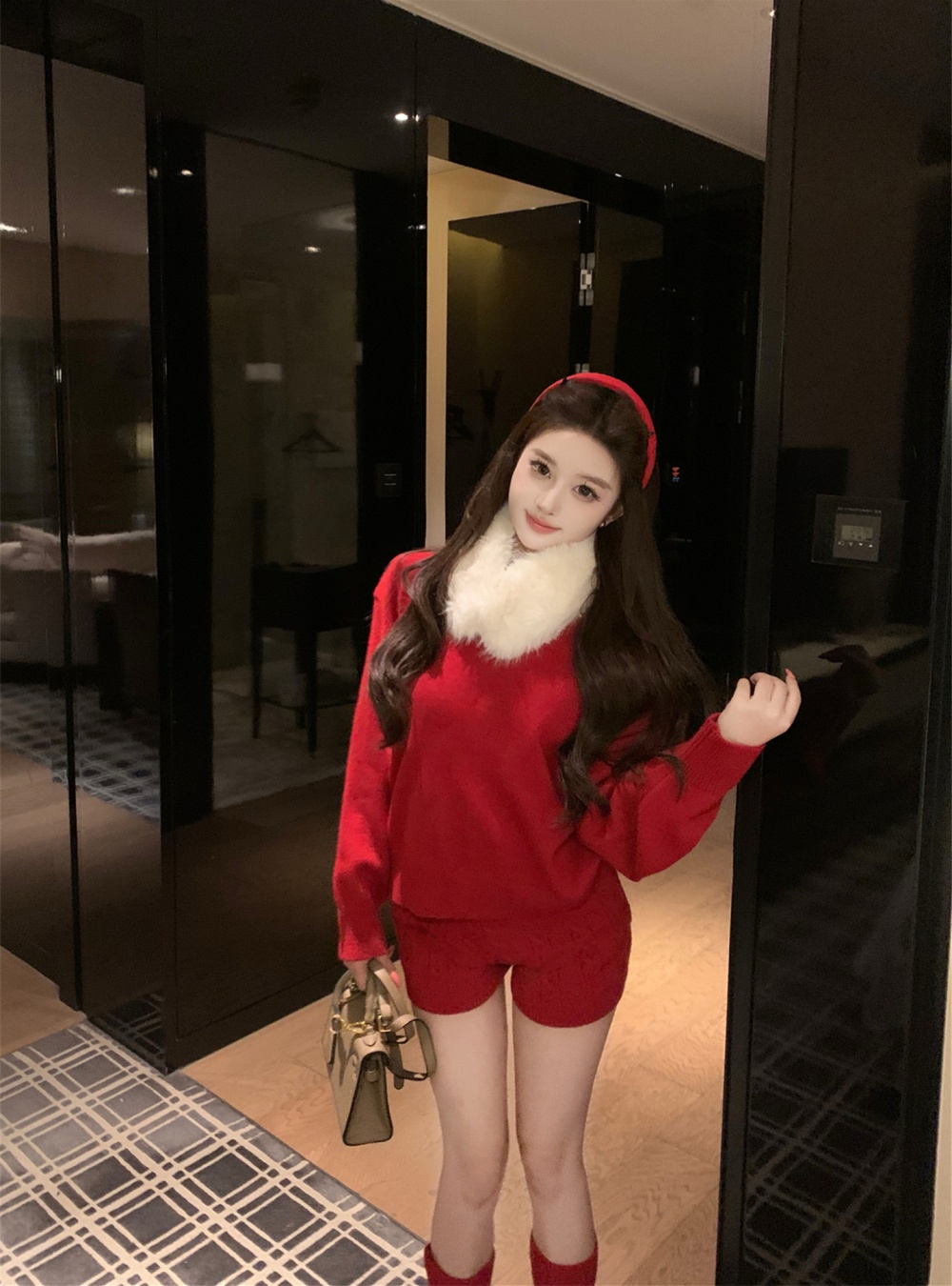 Thick twist sweater fur collar shorts 4pcs set