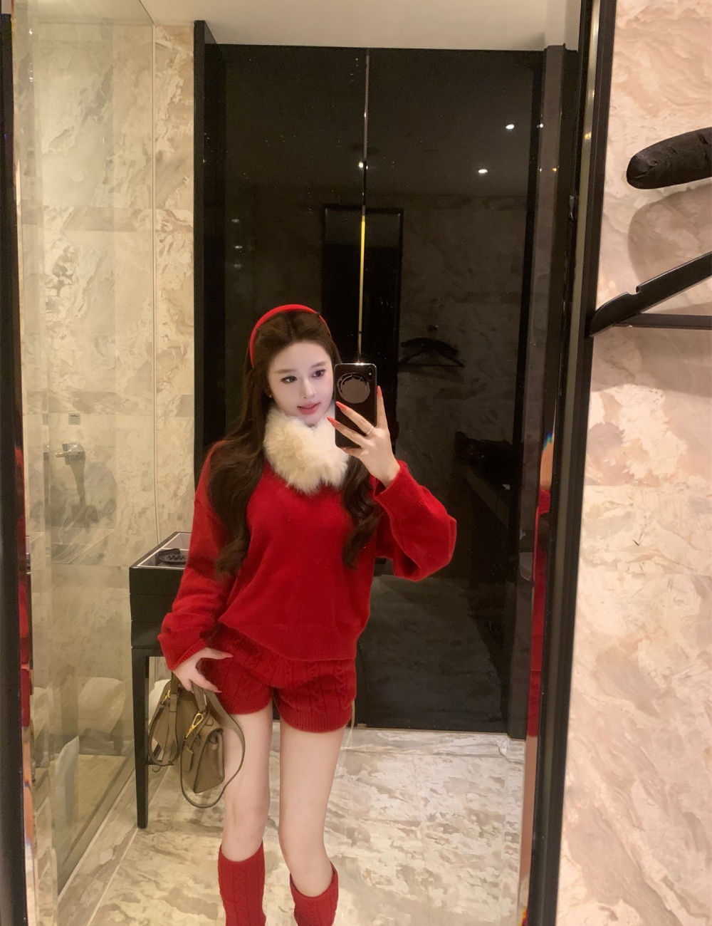 Thick twist sweater fur collar shorts 4pcs set